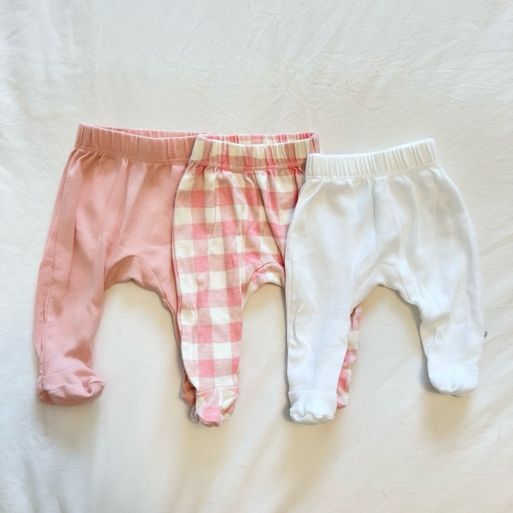 Honest Baby Set of 3 Baby Footed Pants - Pink, Pink Gingham & White